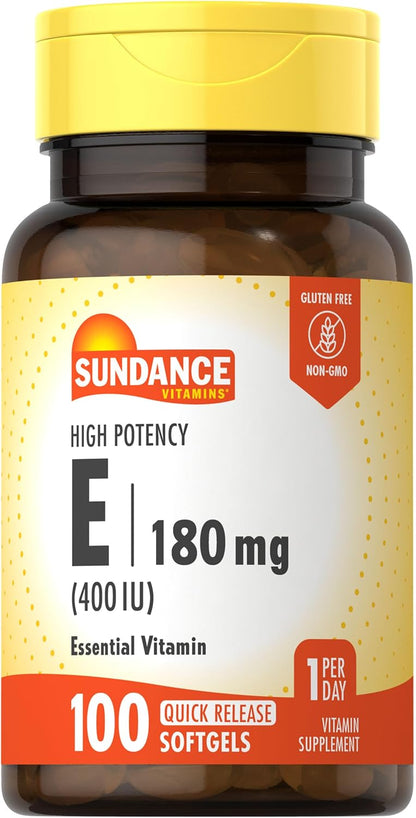 Sundance Vitamin E 180mg (400 IU) | 100 Quick Release Softgels | High Potency Formula | Non-GMO and Gluten-free Supplement