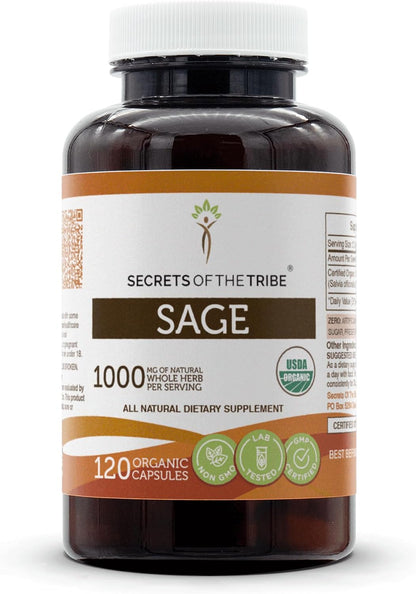 Secrets of the Tribe Sage USDA Organic 60 Capsules | Made with Organic Vegetarian Capsules and Organic Sage (Salvia officinalis) Dried Leaf (60 Capsules)