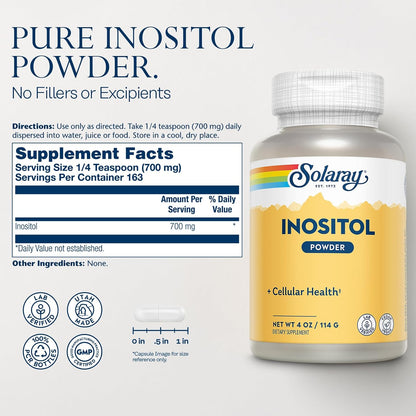SOLARAY Pure Inositol Powder - Vegan, Lab Verified, 4 oz (113 g, 163 Servings)