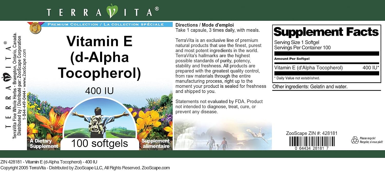 Terravita Vitamin E (d-Alpha Tocopherol) - 400 IU (100 soft capsules) - görsel 3