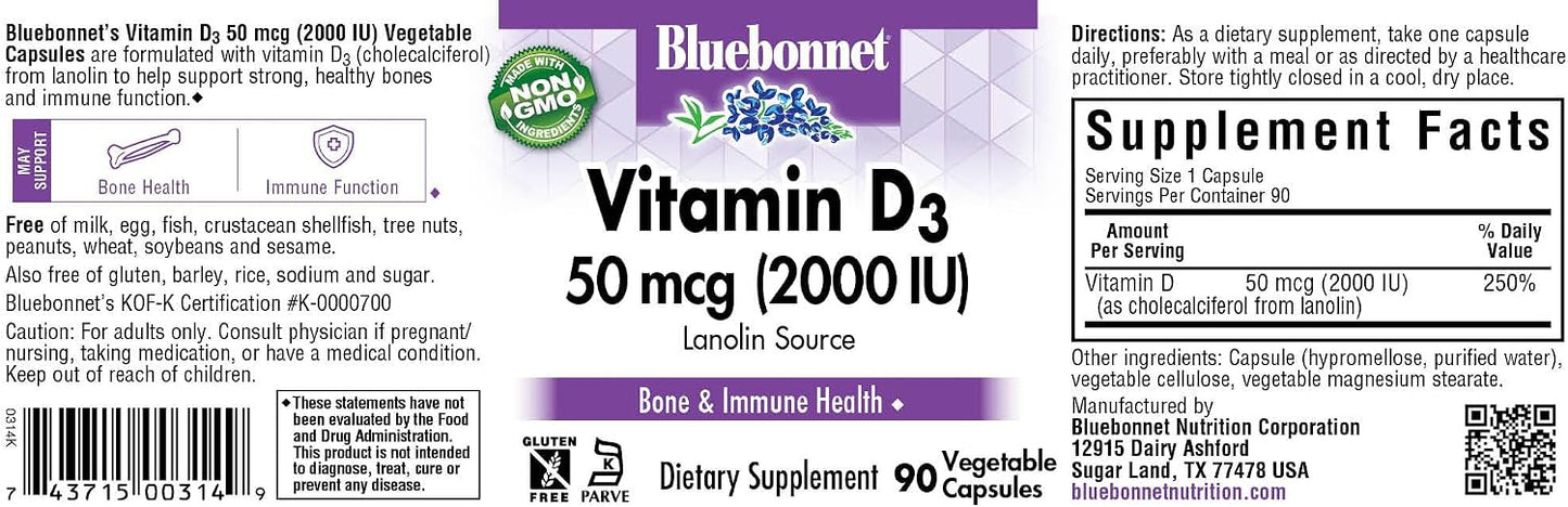 Bluebonnet Vitamin D3 2000 IU Vegetable Capsules, 90 Capsules - görsel 2