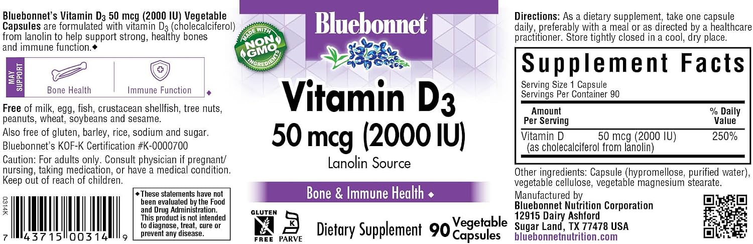 Bluebonnet Vitamin D3 2000 IU Vegetable Capsules, 90 Capsules - görsel 2
