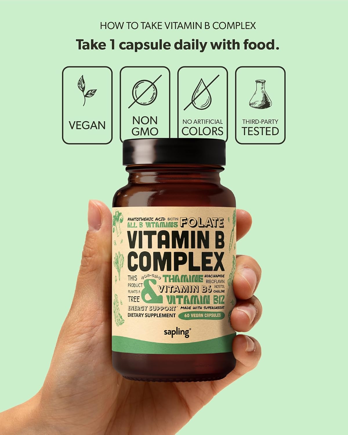 sapling Vegan Vitamin B Complex - Whole Food Blend with Essential B Vitamins B1, B2, B3, B5, B6, B7, Folate, B12 - 60 Capsules - görsel 5