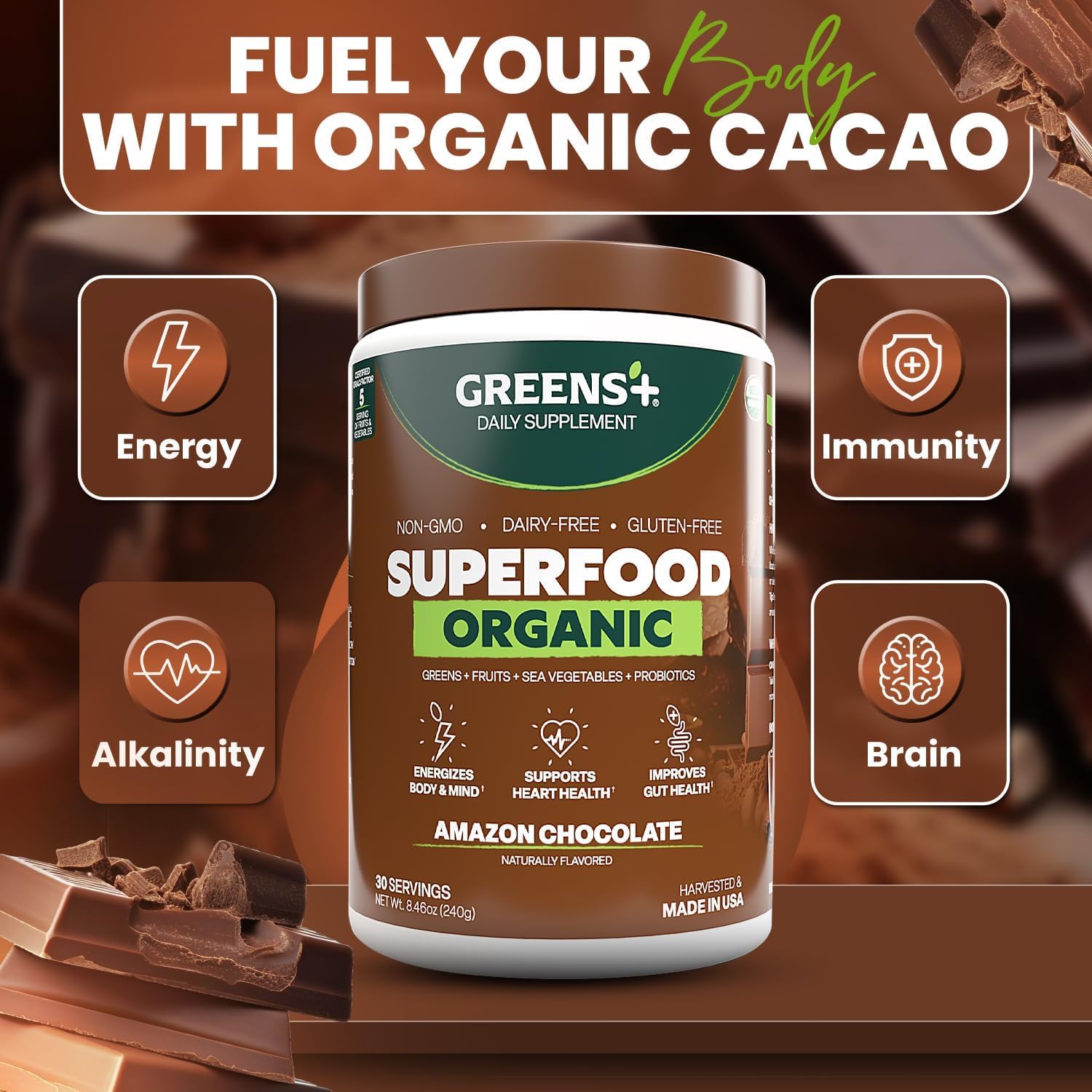 Greens+ Plus Organic Superfood Amazon Chocolate, Boost Energy, Essential Blend of Raw Foods, Non GM, Gluten-free, Organic and Vegan Powder, 240g - görsel 5