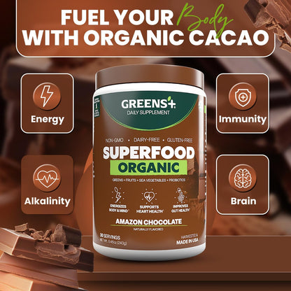 Greens+ Plus Organic Superfood Amazon Chocolate, Boost Energy, Essential Blend of Raw Foods, Non GM, Gluten-free, Organic and Vegan Powder, 240g