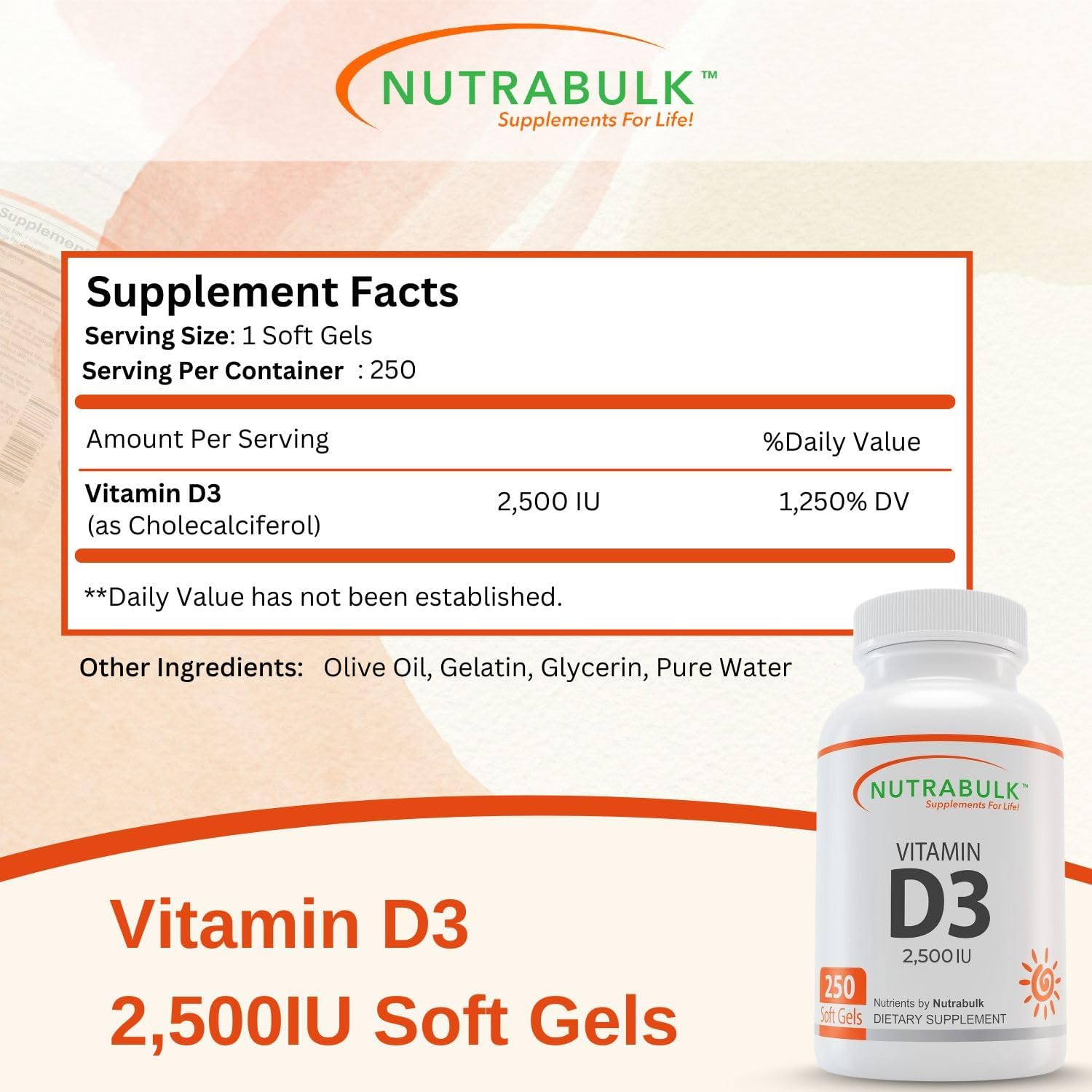 Vitamin D3 2500 IU Softgels - High-Potency Daily Supplement - Non-GMO, Gluten-Free - 250 Softgels - görsel 3