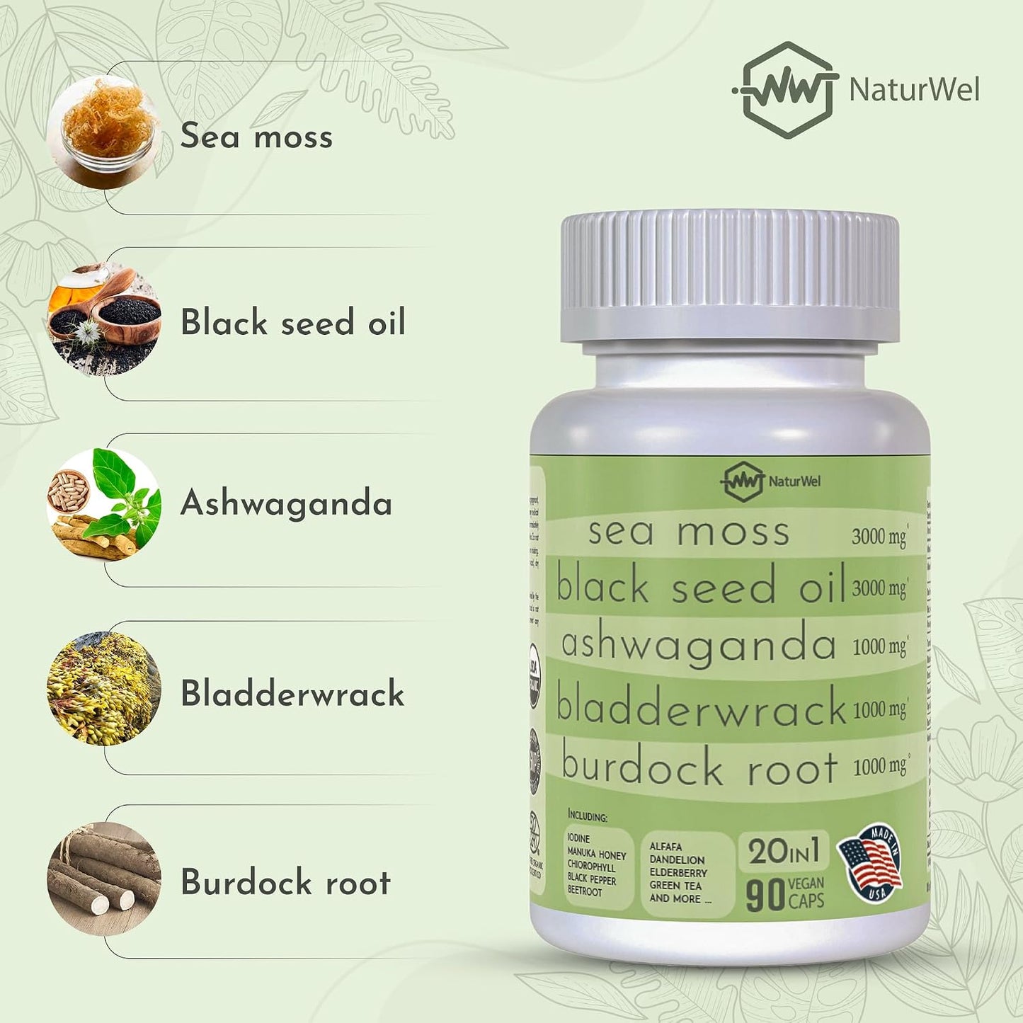 Black Seed Oil 3000mg Sea Moss 3000mg Ashwagandha 1000mg Turmeric 1000mg Burdock 1000mg Bladderwrack 1000mg with Elderberry, Manuka, Chlorophyll, Dandelion & Yellow Dock - 90 Vegan Capsules - görsel 5