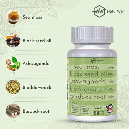 Black Seed Oil 3000mg Sea Moss 3000mg Ashwagandha 1000mg Turmeric 1000mg Burdock 1000mg Bladderwrack 1000mg with Elderberry, Manuka, Chlorophyll, Dandelion & Yellow Dock - 90 Vegan Capsules