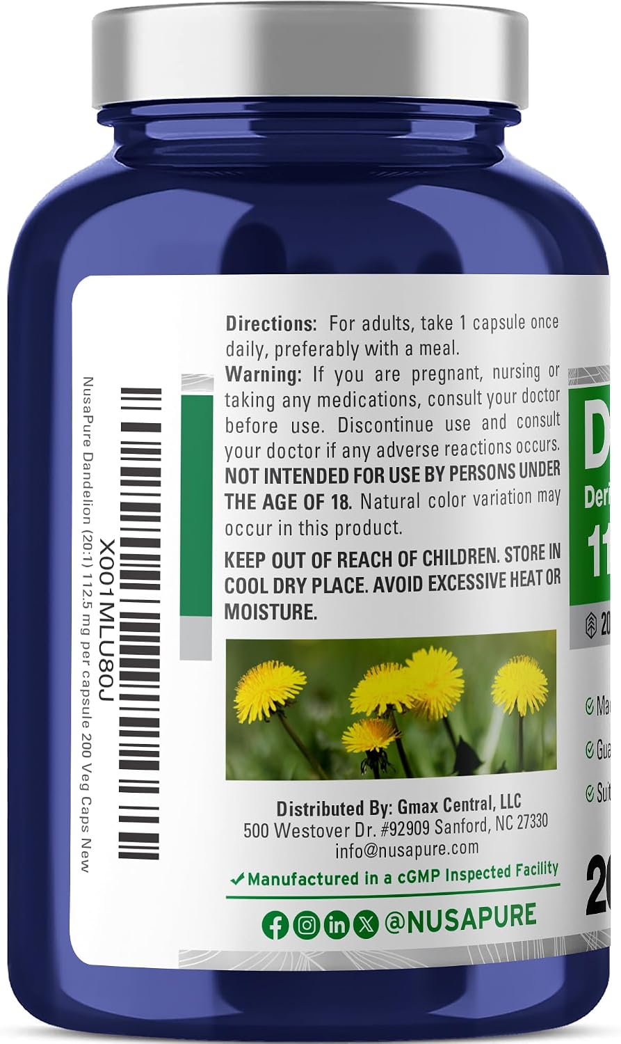 NusaPure Dandelion Root Capsules - 112.5 mg, 200 Vegan Capsules (Non-GMO, Vegan) - görsel 3