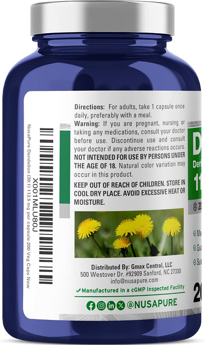 NusaPure Dandelion Root Capsules - 112.5 mg, 200 Vegan Capsules (Non-GMO, Vegan)