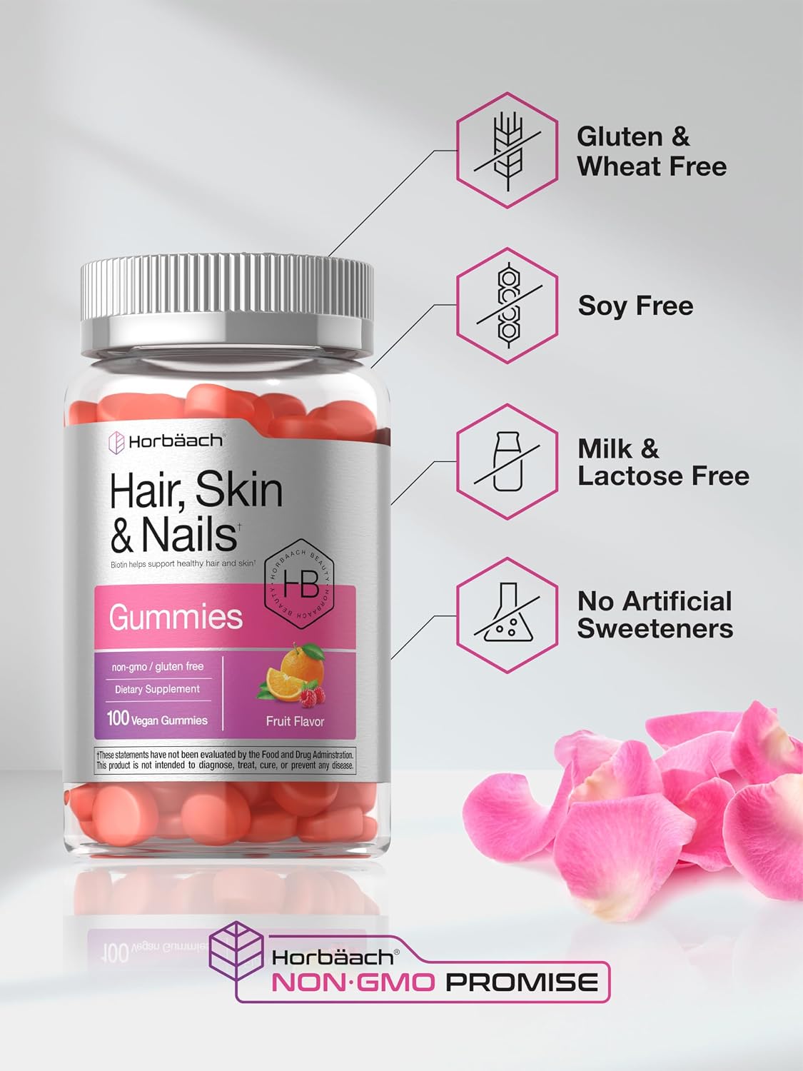 Horbäach Hair Skin and Nails Gummies – 100 Count – with Biotin – Fruit Flavoured Vitamins – Non-GMO, Gluten-free - görsel 5