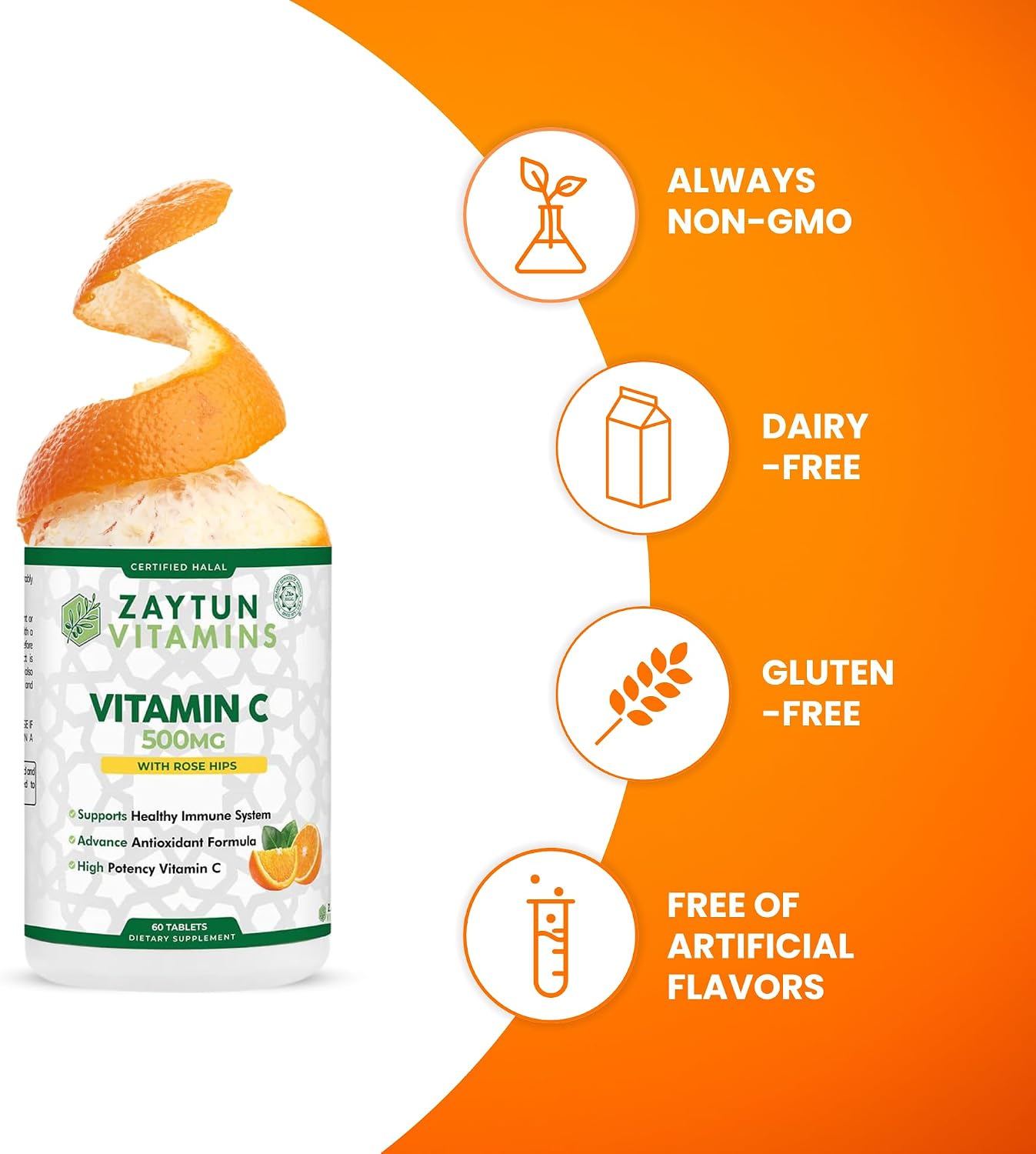 Zaytun Halal Vitamin C 500mg with Rose Hips & Bioflavonoids - Vegetarian, Gluten-Free - 60 Tablets (2-Month Supply) - görsel 4