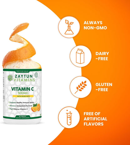 Zaytun Vitamins Halal Vitamin C 500mg Tablets with Rose Hips (3-Pack)