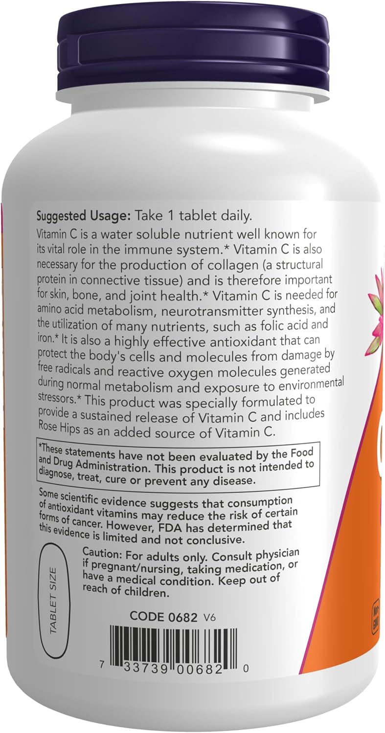 NOW Foods, C-1000 Vitamin C-1000 Sustained Release with Rose Hips, 250 Tablets - görsel 3