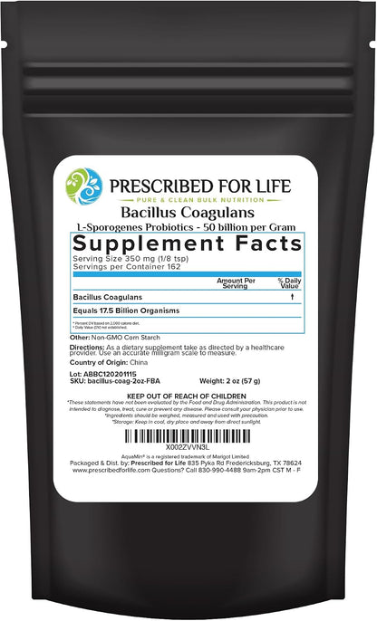 Prescribed For Life Bacillus Coagulans Powder - 50 Billion CFU/g, 28g (1oz) - Sporebiotic Probiotic for Digestive Health