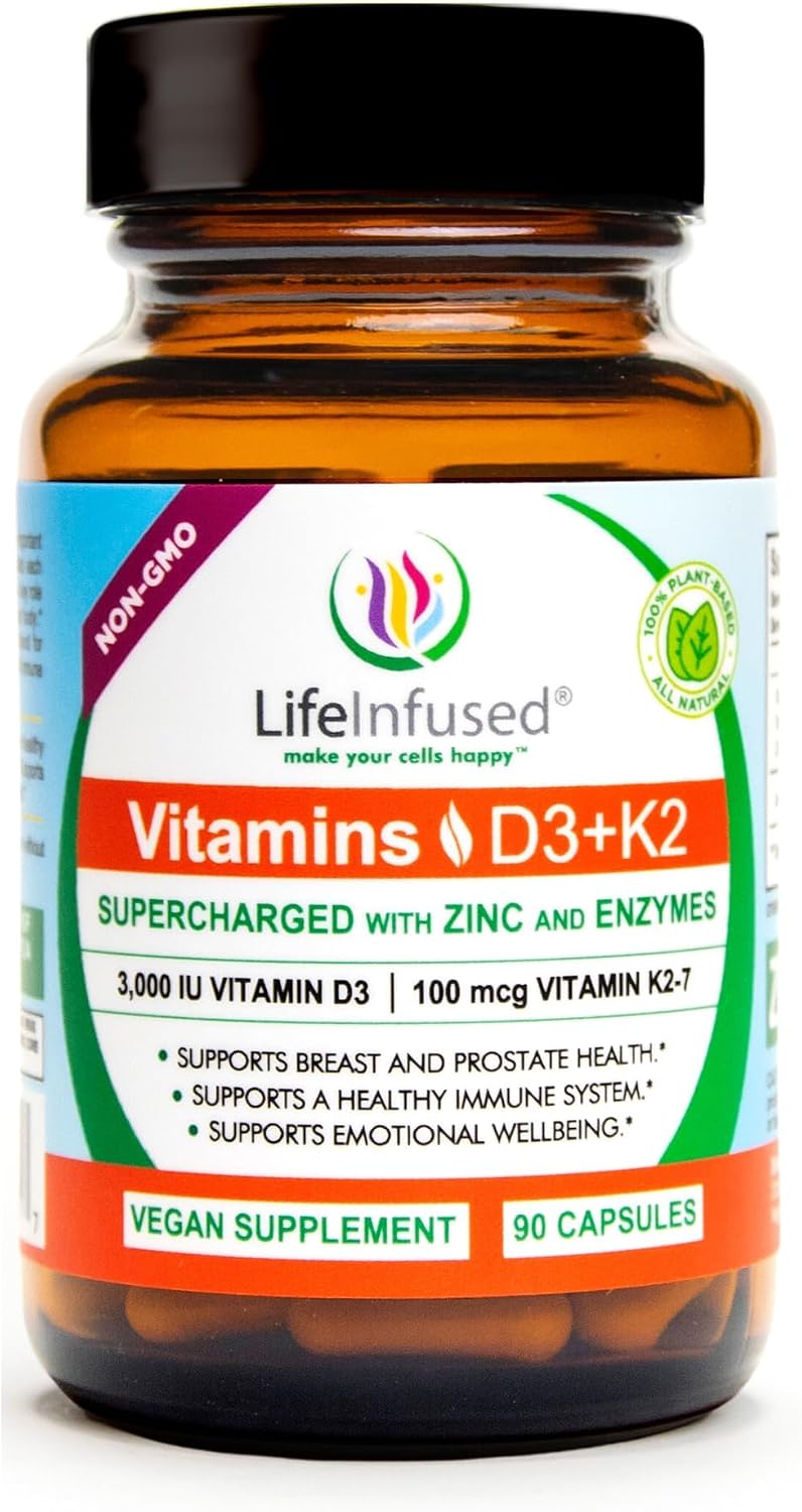Life Infused Vitamin D3 + K2 with Zinc & Enzymes - 3000 iU D3, MK-7 K2, 90 Vegan Capsules - görsel 1