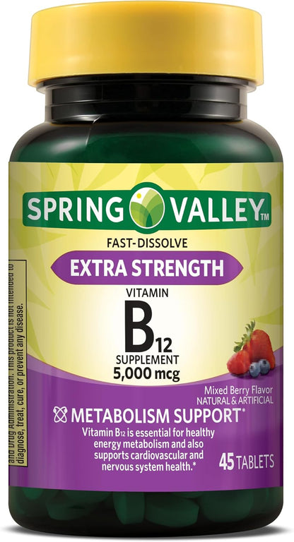 Spring Valley B12 Supplement 5000mcg - Fast Dissolve Sublingual Tablets - Methylcobalamin for Energy & Metabolism support - 45 Berry Flavour Chewable Vitamins