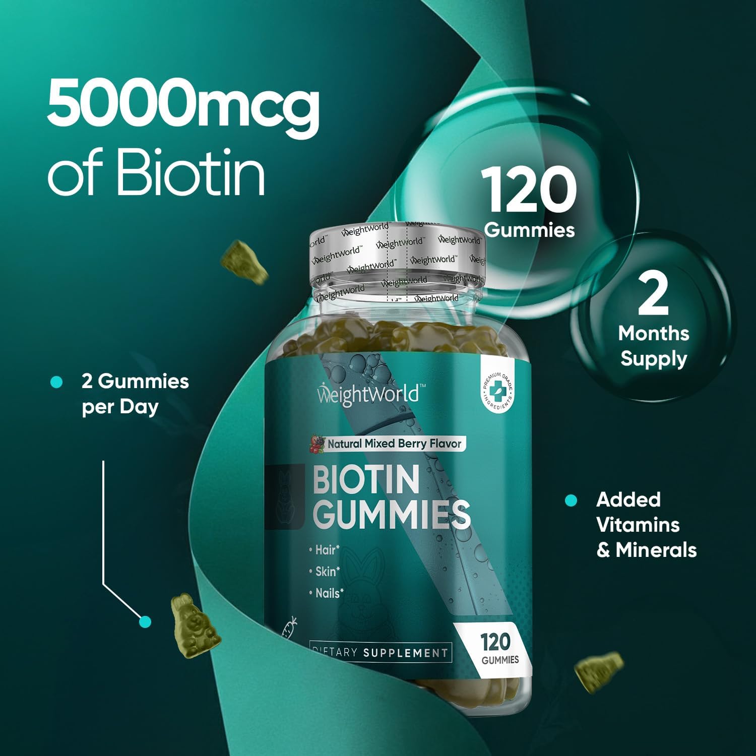 WeightWorld 5000mcg Biotin Gummies with Vitamins & Minerals - 120 Gummies - görsel 3