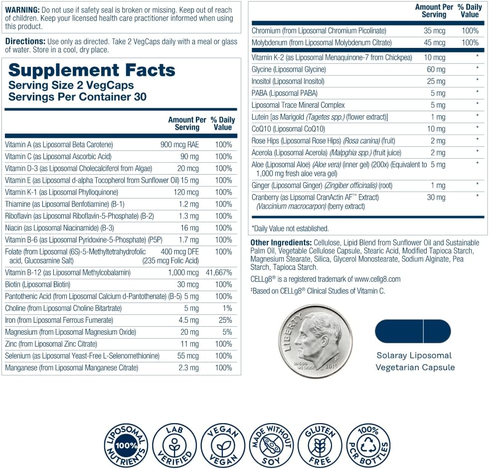 SOLARAY Liposomal Multivitamin for Women 50 Plus - Enhanced Absorption with Iron, Vitamin D, B12, Biotin, 60 VegCaps - görsel 2