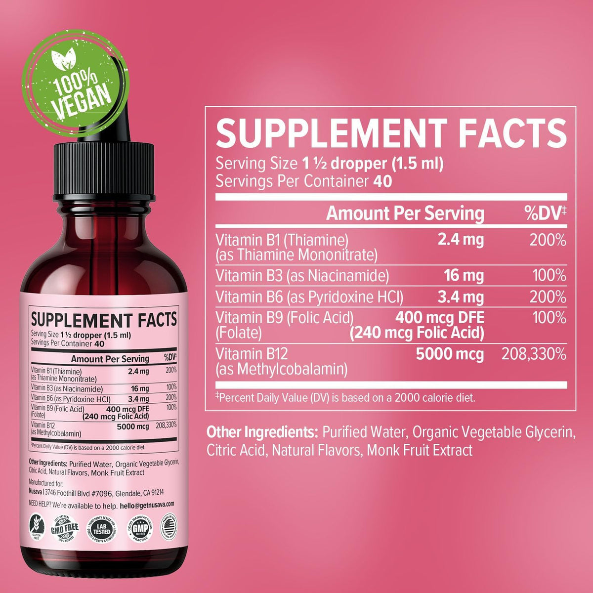 NUSAVA Vitamin B12 Liquid Drops 5000mcg - Sublingual B12 Complex with B6 & B1 - Methylcobalamin - Vegan, Non-GMO, Strawberry (4-Pack, 60 ml Each) - görsel 3