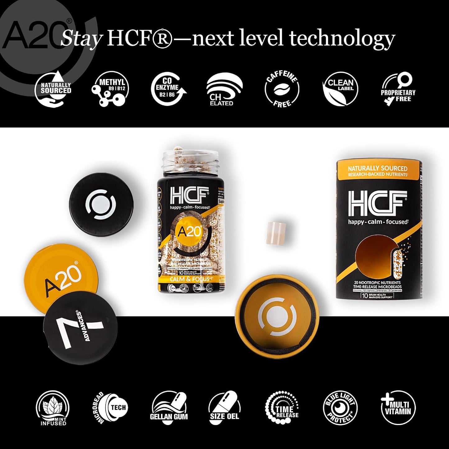 HCF A20 Microbead Brain Health Supplements for Adults for Memory, Focus, Calm, Mood, Alertness, Attention, Vision, Sleep, Immune System, 20 Premium Nootropic Nutrients Multivitamin & 7 Advances® Tech - görsel 3