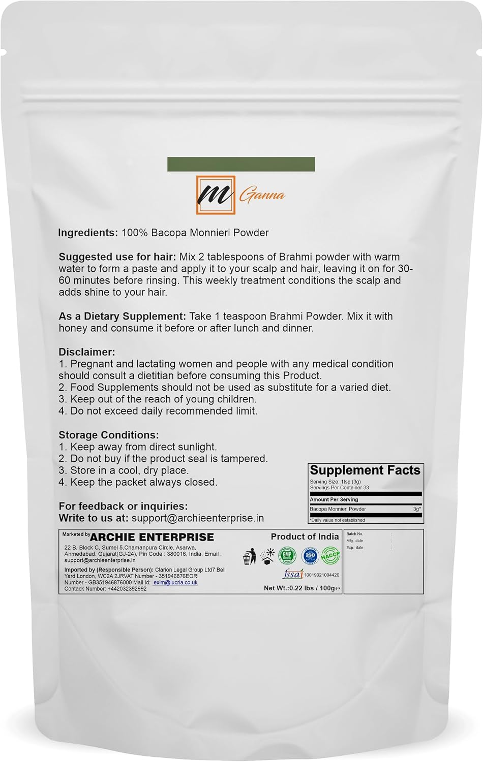 100% Pure and Natural Brahmi Powder 100g - görsel 2
