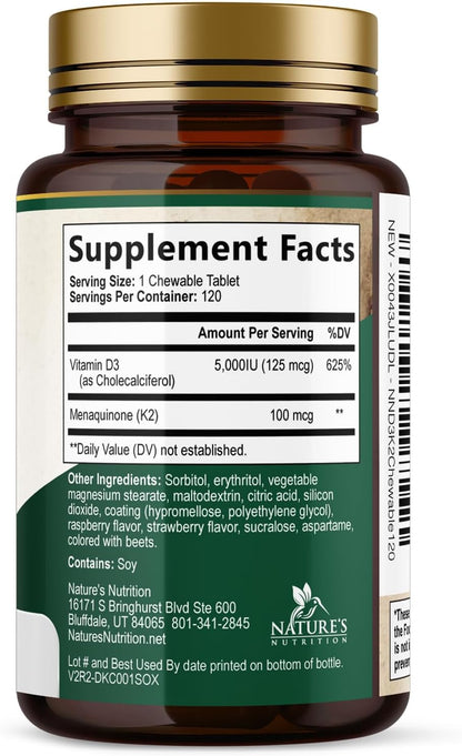 Vitamin D3 K2 Supplement | 5000 IU D3 + 100 mcg K2 (MK-7) | Chewable Tablets - Berry Flavour