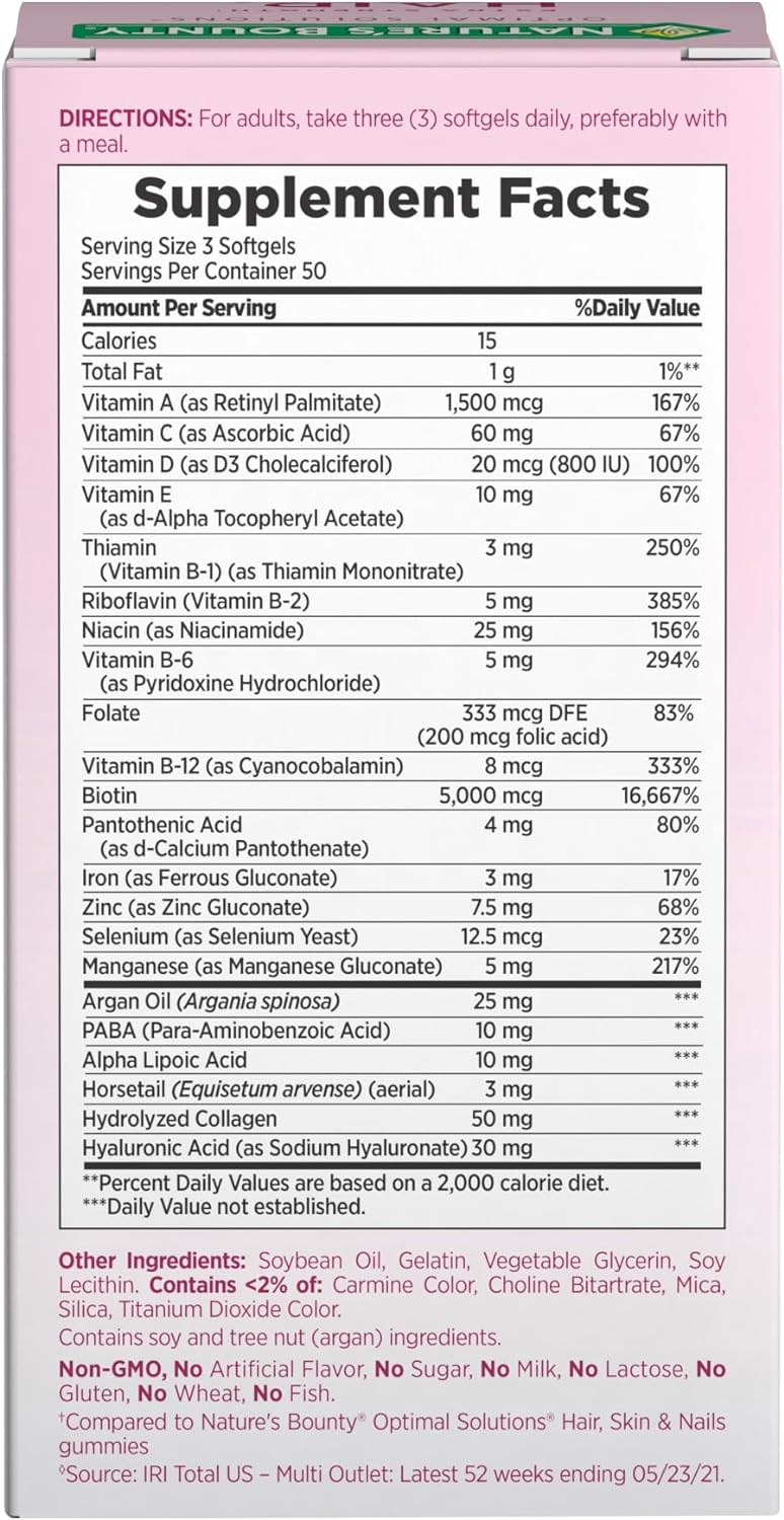 Nature's Bounty Advanced Hair, Skin & Nails, Argan-Infused Biotin and Hyaluronic Acid Supplement, 150 Rapid Release Softgels - görsel 8