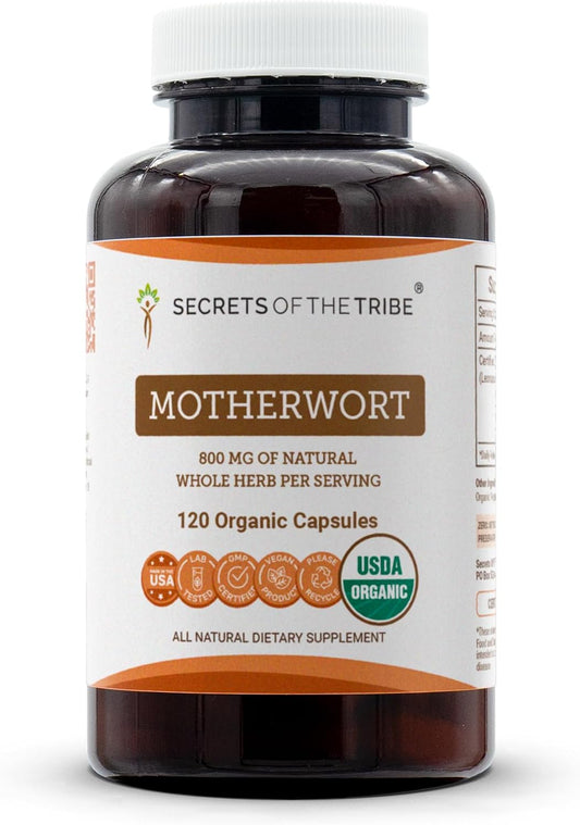 Secrets of the Tribe Motherwort Capsules - 800 mg USDA Organic Dried Herb, Herbal Supplement (120 Capsules)