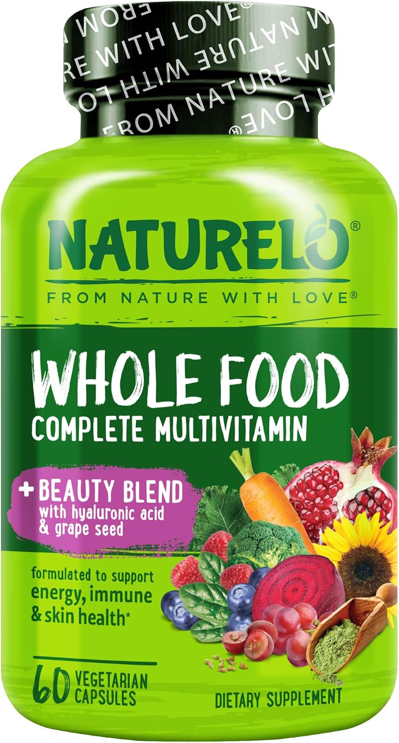 NATURELO Whole Food Multivitamin with Extra Hair, Skin & Nails Support - Beauty Blend with Hyaluronic Acid & Grape Seed, 60 Vegan Capsules (Pack of 2) - görsel 9