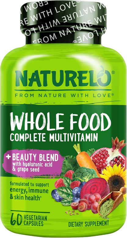 NATURELO Whole Food Multivitamin with Extra Hair, Skin & Nails Support - Beauty Blend with Hyaluronic Acid & Grape Seed, 60 Vegan Capsules (Pack of 2)