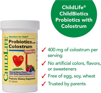 CHILDLIFE ESSENTIALS ChildBiotics with Colostrum - Probiotics for Kids, Chewable Children's Probiotics for Digestive Health, Colostrum for Kids - Natural Berry Flavour, 92 Tablets (Pack of 2)