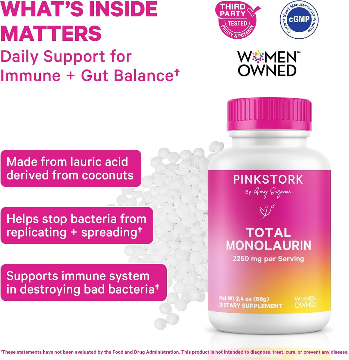 Pink Stork Monolaurin Pellets – Vegan Lauric Acid Immune & Gut Support for Women – Microbial Balance, Digestive Wellness – Odourless, Scoopable Supplement – 226g – 75 Servings - görsel 2