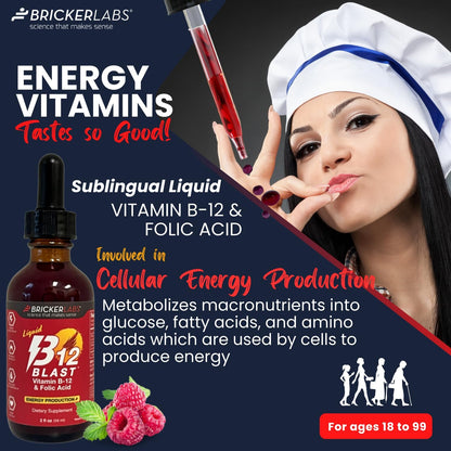 Bricker Labs B-12 Blast Liquid Vitamin B12 and Folic Acid Food Supplement – Natural Raspberry Flavour, 59 ml