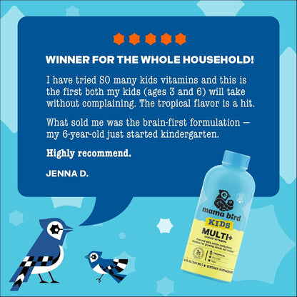 Mama Bird - Award-Winning Children's Multi+ Liquid Vitamins (31 Servings) Tropical Flavour - Active Methylated Vitamins, Children's Multivitamin - Organic Superfoods, Enzymes - Vegan, Gluten-free, Non-GM - 473 ml