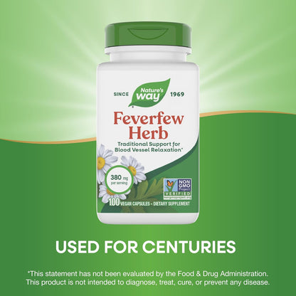 Nature's Way Feverfew Herb – Traditional Support for Blood Vessel Relaxation, 380 mg, 100 Vegan Capsules