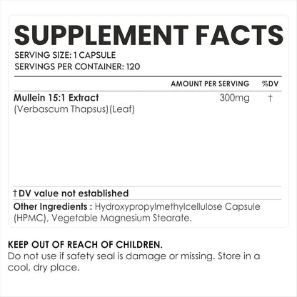 Mullein Capsules 300 mg - Herbal Lung Support Supplement - 120 Veg Capsules