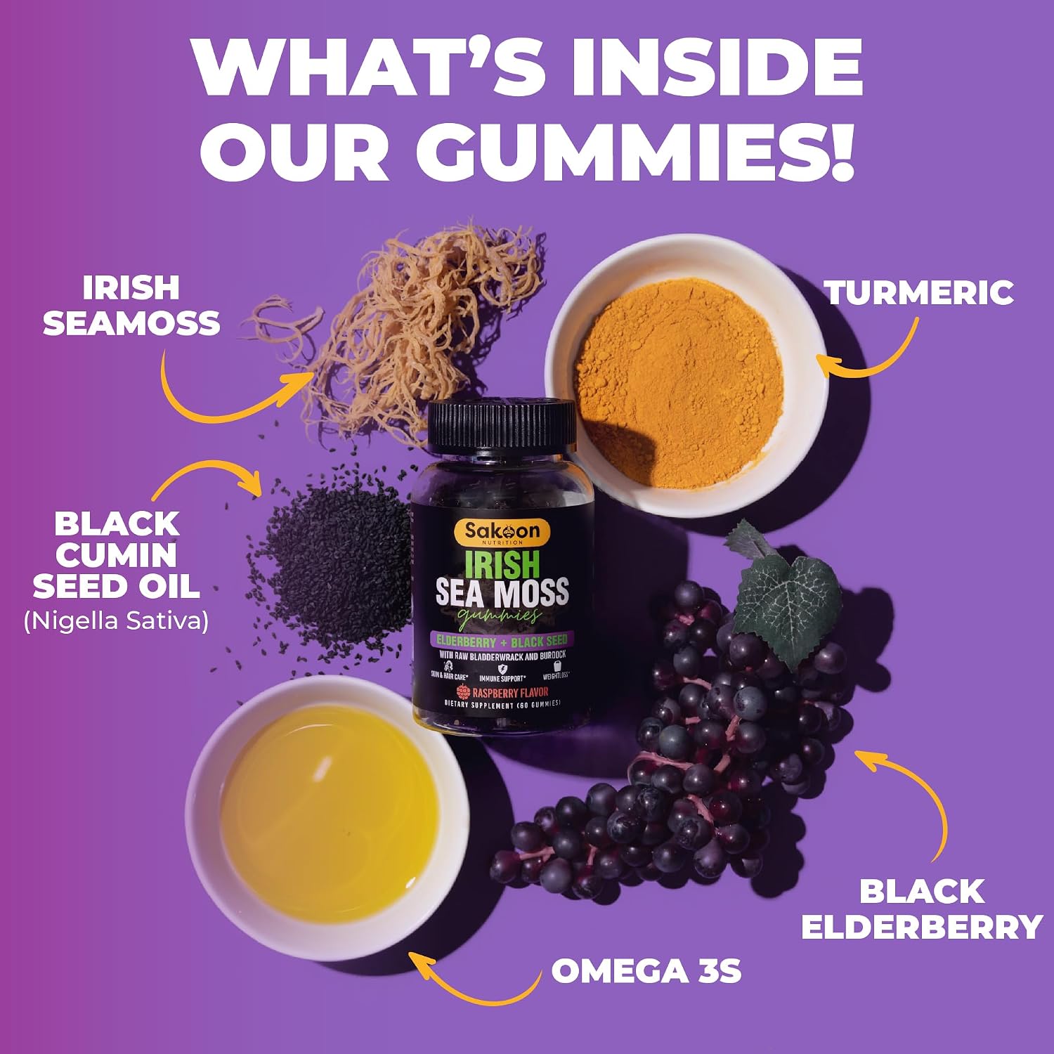 Irish Seamoss Gummies with Elderberry & Black Seed Oil, Bladderwrack - Raspberry, 60 Gummies - görsel 4