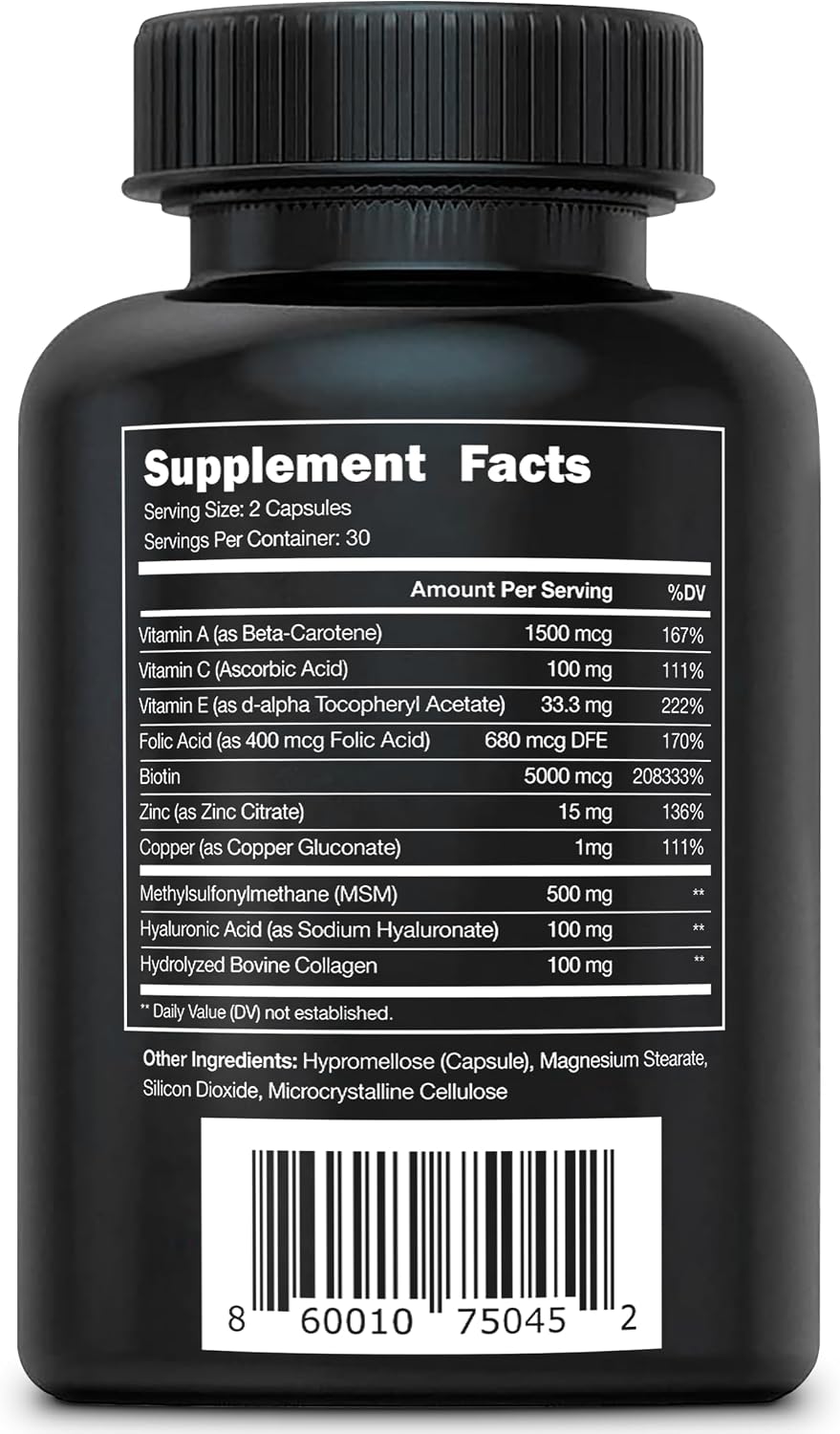 Vital Vitamins Biotin Complex Pills - with Hyaluronic Acid, MSM, Collagen, & Vitamin C - Supplement for Hair, Skin, & Nails - 60 Capsules - görsel 9
