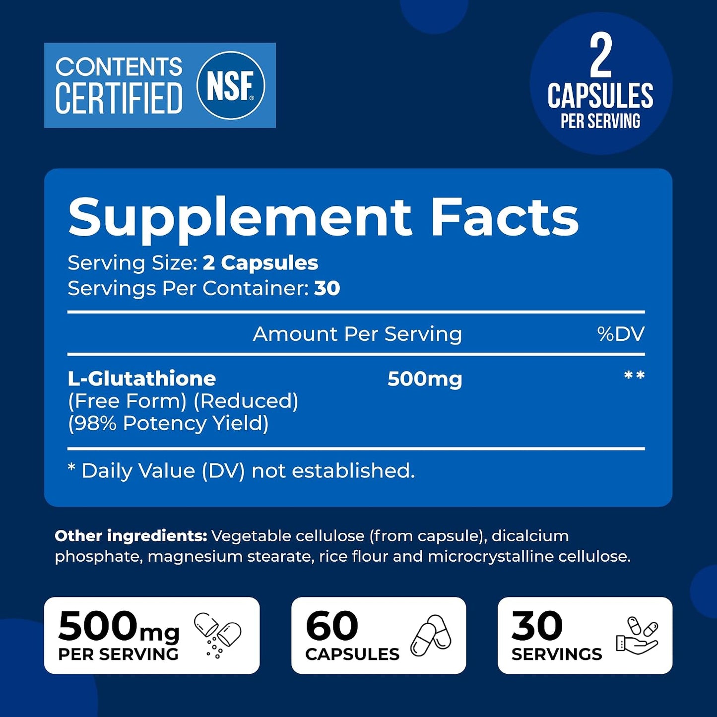 We Like Vitamins NSF Certified Glutathione Supplement 500mg - 60 Capsules of Reduced L-Glutathione for Antioxidant & Immune Support - Manufactured in the USA - görsel 3