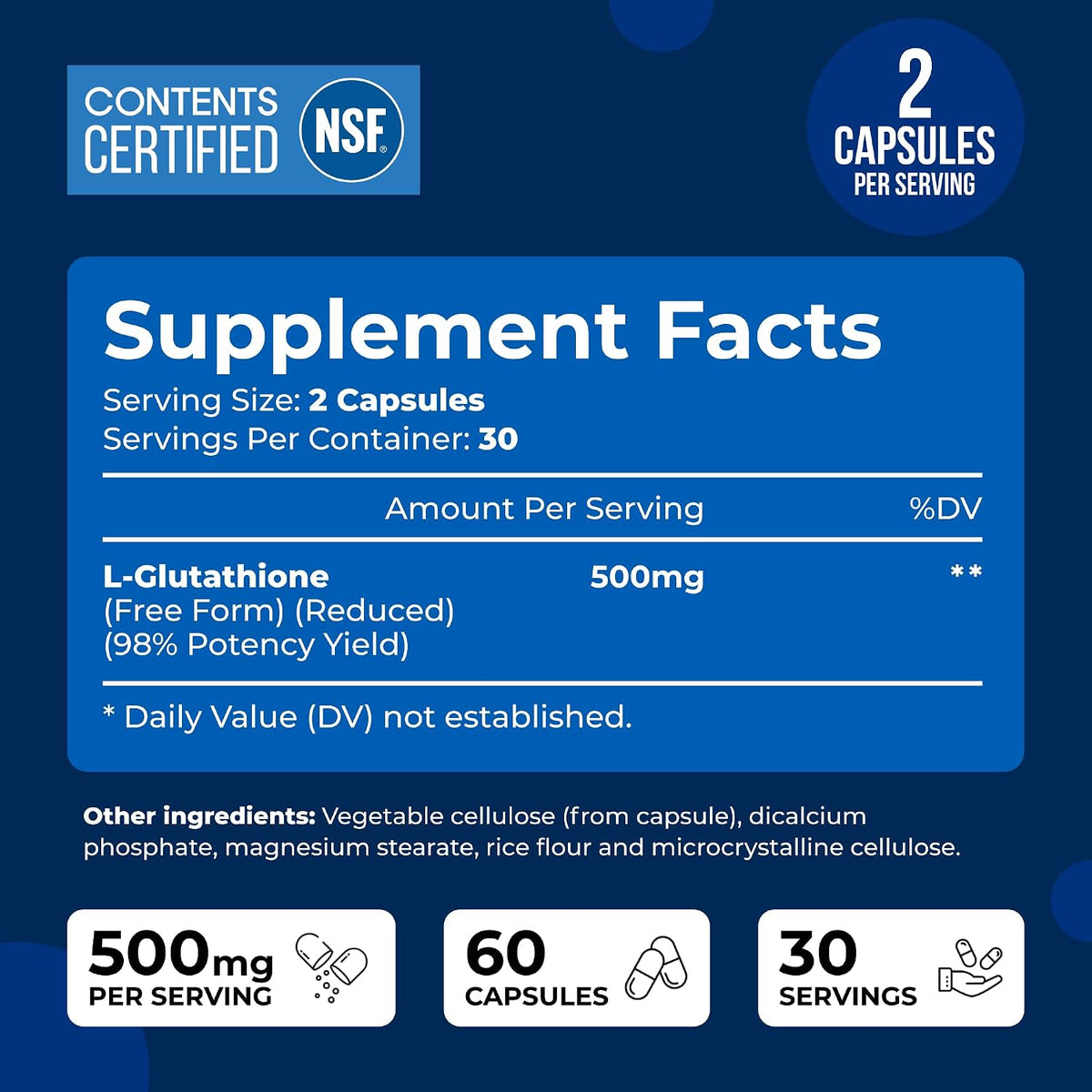 We Like Vitamins NSF Certified Glutathione Supplement 500mg - 60 Capsules of Reduced L-Glutathione for Antioxidant & Immune Support - Manufactured in the USA - görsel 3