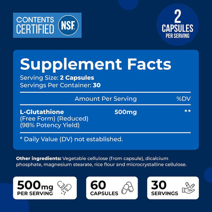 We Like Vitamins NSF Certified Glutathione Supplement 500mg - 60 Capsules of Reduced L-Glutathione for Antioxidant & Immune Support - Manufactured in the USA
