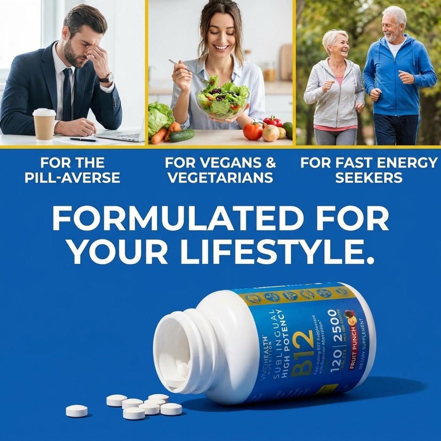 Energy-Boosting Vitamin B12 Sublingual Tablets | Quick Dissolve Vegan B12 with Methylcobalamin, 120 Fruit Punch Tablets - görsel 8