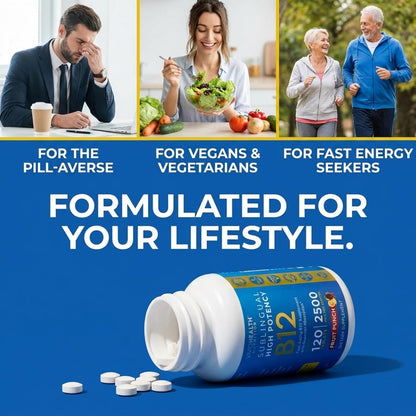 Energy-Boosting Vitamin B12 Sublingual Tablets | Quick Dissolve Vegan B12 with Methylcobalamin, 120 Fruit Punch Tablets