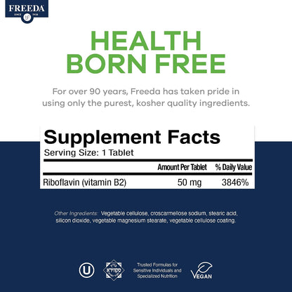 FREEDA Riboflavin Vitamin B2 Tablets – 50mg – Optimised Dose for Energy & Nervous System Support – Kosher, Vegan, GF B2 Vitamins Supplement – VIT B 2 for Brain & Metabolism (100 Ct)
