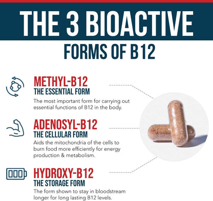 BioActive Vitamin B12 1000 mcg – Full Spectrum with 3 Coenzyme Forms plus Methylfolate – Vegan, Non-GMO (60 Servings)