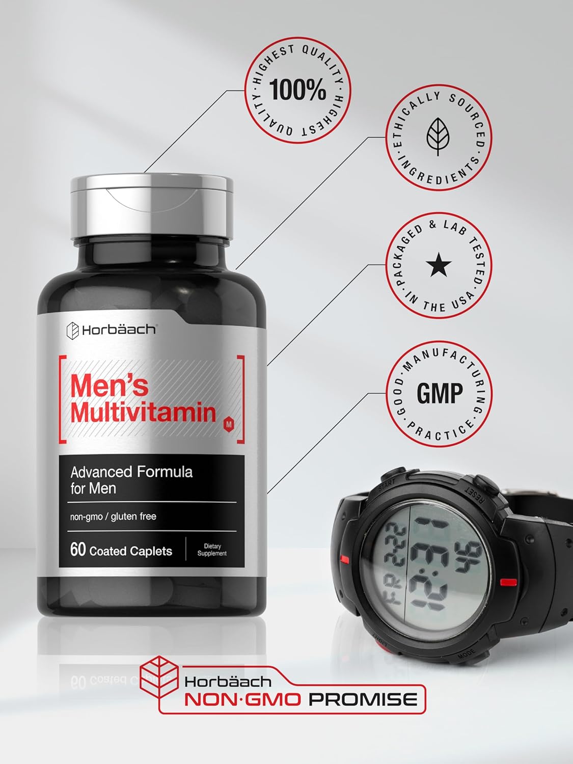 Horbäach Men's Multivitamin - 60 Coated Caplets - Advanced Formula with Vitamin C, D, Magnesium & Zinc - görsel 6
