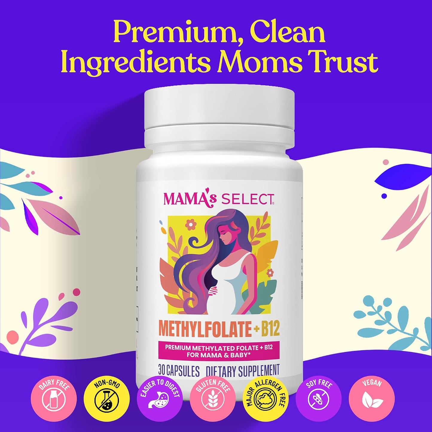 Mama's Select Methylfolate + B12 for Pregnancy & Breastfeeding – 5-MTHF Folate + Methylcobalamin – Supports Baby's Normal Growth – MTHFR Friendly – Vegan – 30 Capsules - görsel 8