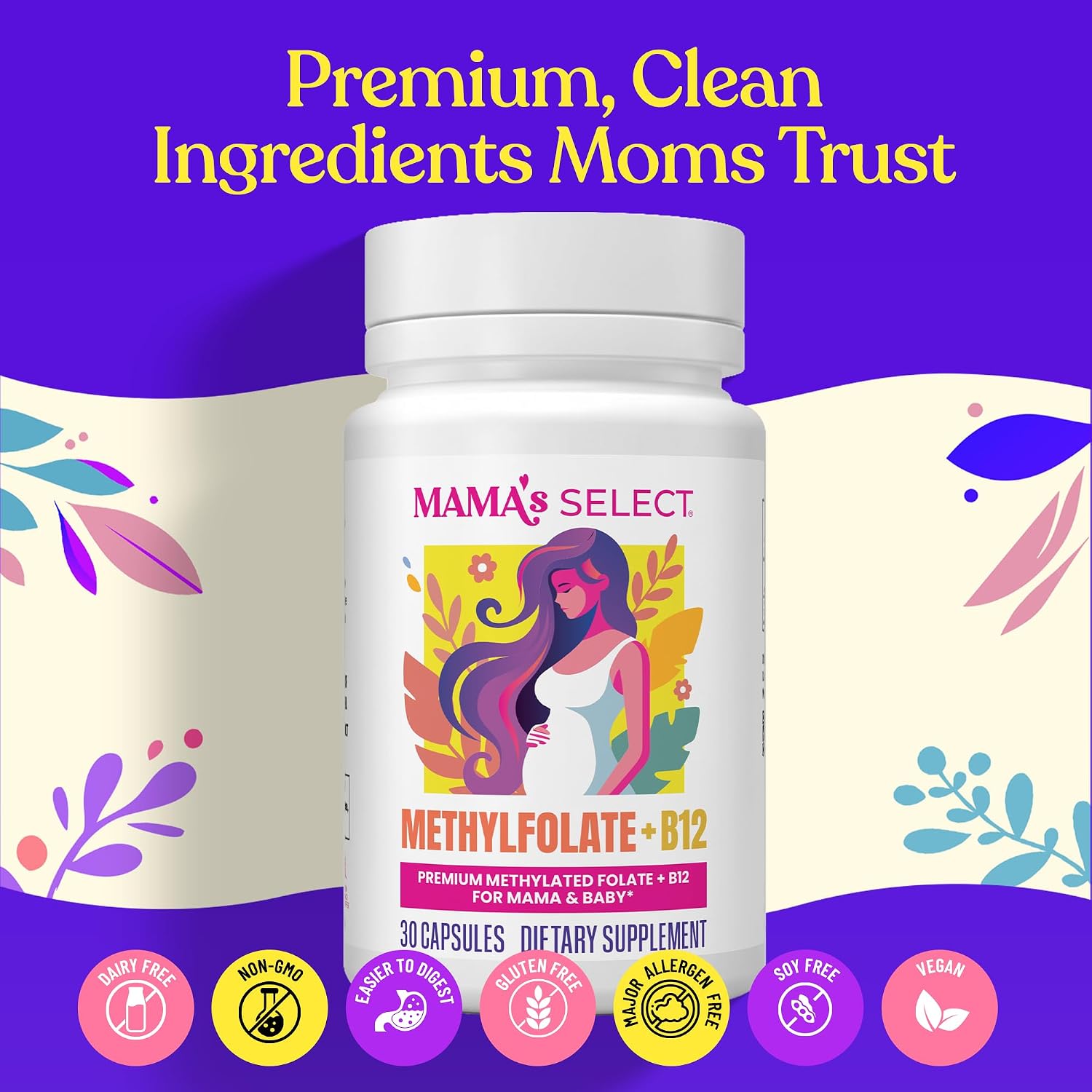 Mama's Select Methylfolate + B12 for Pregnancy & Breastfeeding – 5-MTHF Folate + Methylcobalamin – Supports Baby's Normal Growth – MTHFR Friendly – Vegan – 30 Capsules - görsel 8