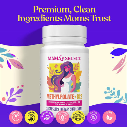 Mama's Select Methylfolate + B12 for Pregnancy & Breastfeeding – 5-MTHF Folate + Methylcobalamin – Supports Baby's Normal Growth – MTHFR Friendly – Vegan – 30 Capsules